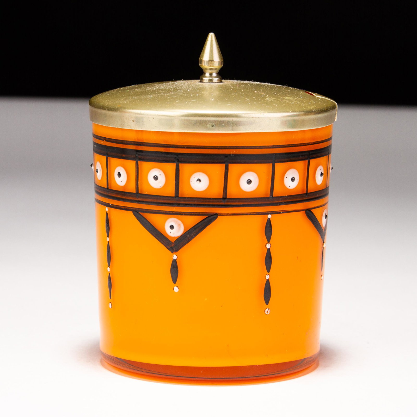 Loetz Tango Glass Lidded Jar: MEASURES APPROX 9 X 6.5CM. Please follow us on Instagram to stay updated with our current and future auctions: @albinus_auctions. Study all photographs carefully to get an accurate representation of t