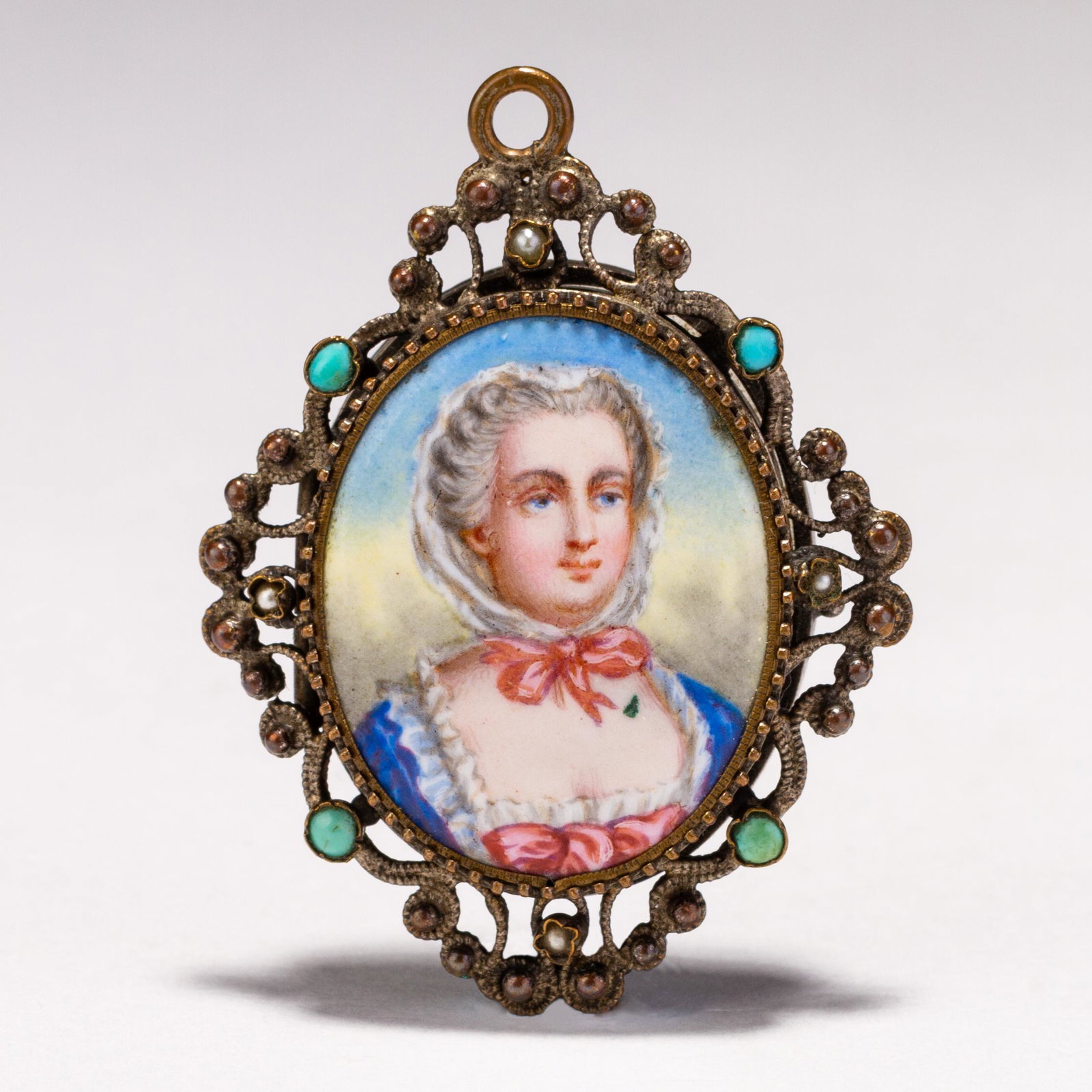 Filigree Pearl & Turquoise Portrait Miniature Locket 19th Century: MEASURES APPROX 5 X 4CM. Please follow us on Instagram to stay updated with our current and future auctions: @albinus_auctions. Study all photographs carefully to get an accurate representation of the