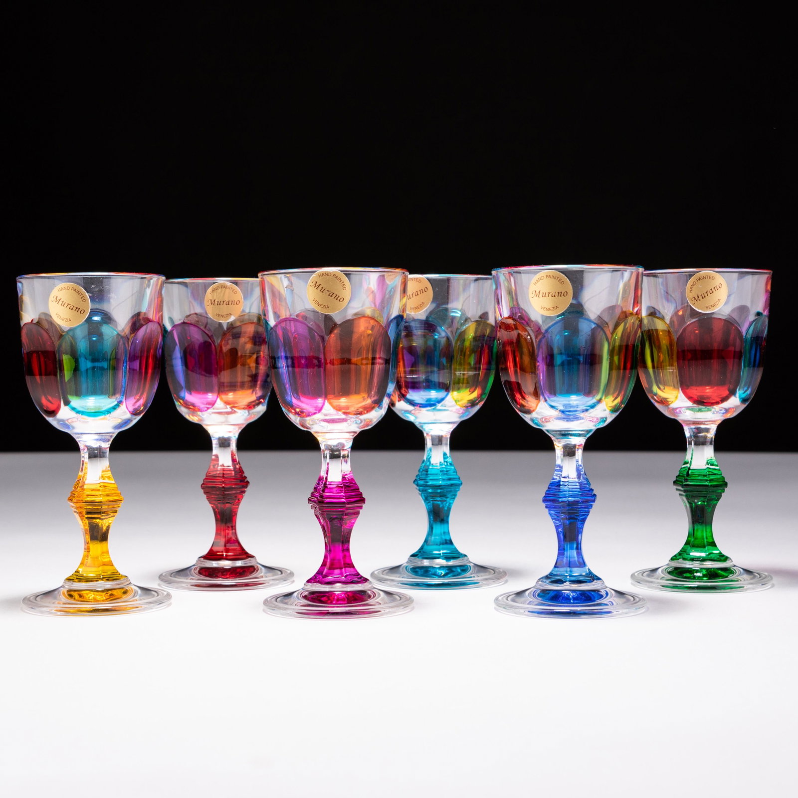 Murano Venetian Coloured Drinking Glasses (x6): MEASURES APPROX 11 X 4.7CM. Please follow us on Instagram to stay updated with our current and future auctions: @albinus_auctions. Study all photographs carefully to get an accurate representation of 