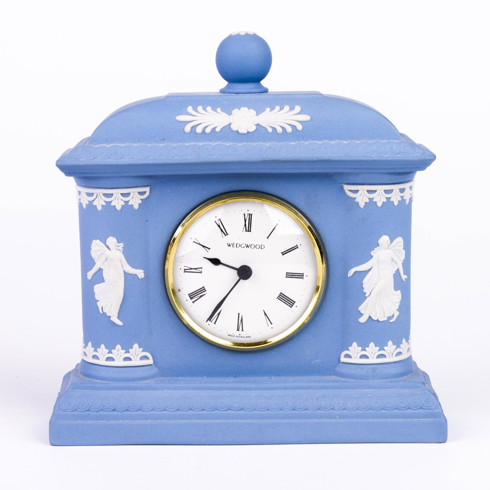 Wedgwood Jasperware Dancing Hours Certified Clock: DIMENSIONS APPROX 16x4.5x16.5CM. Please carefully study all photographs to get an accurate idea of the object. In good condition, as seen. Shipping is in-house and we ship internationally to US and re