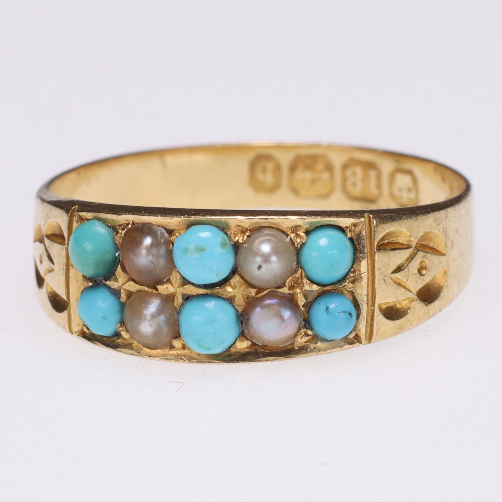 18 KT Gold Turquoise & Pearl Victorian Ring: FINGER SIZE 17MM, 3 GRAMS. Please carefully study all photographs to get an accurate idea of the object. In good condition, as seen. Shipping is in-house and we ship internationally to US and rest of 