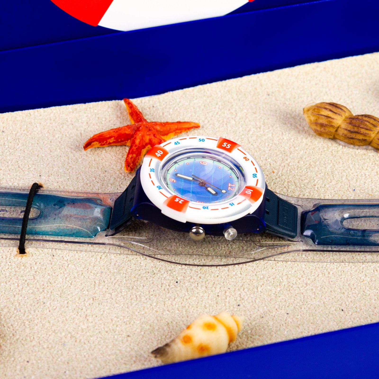 Swatch Collector's Vintage Watch "Scuba" Gift Set: DIMENSIONS APPROX 25x4.5x1.5CM. Please carefully study all photographs to get an accurate idea of the object. In good condition, as seen. Shipping is in-house and we ship internationally to US and res