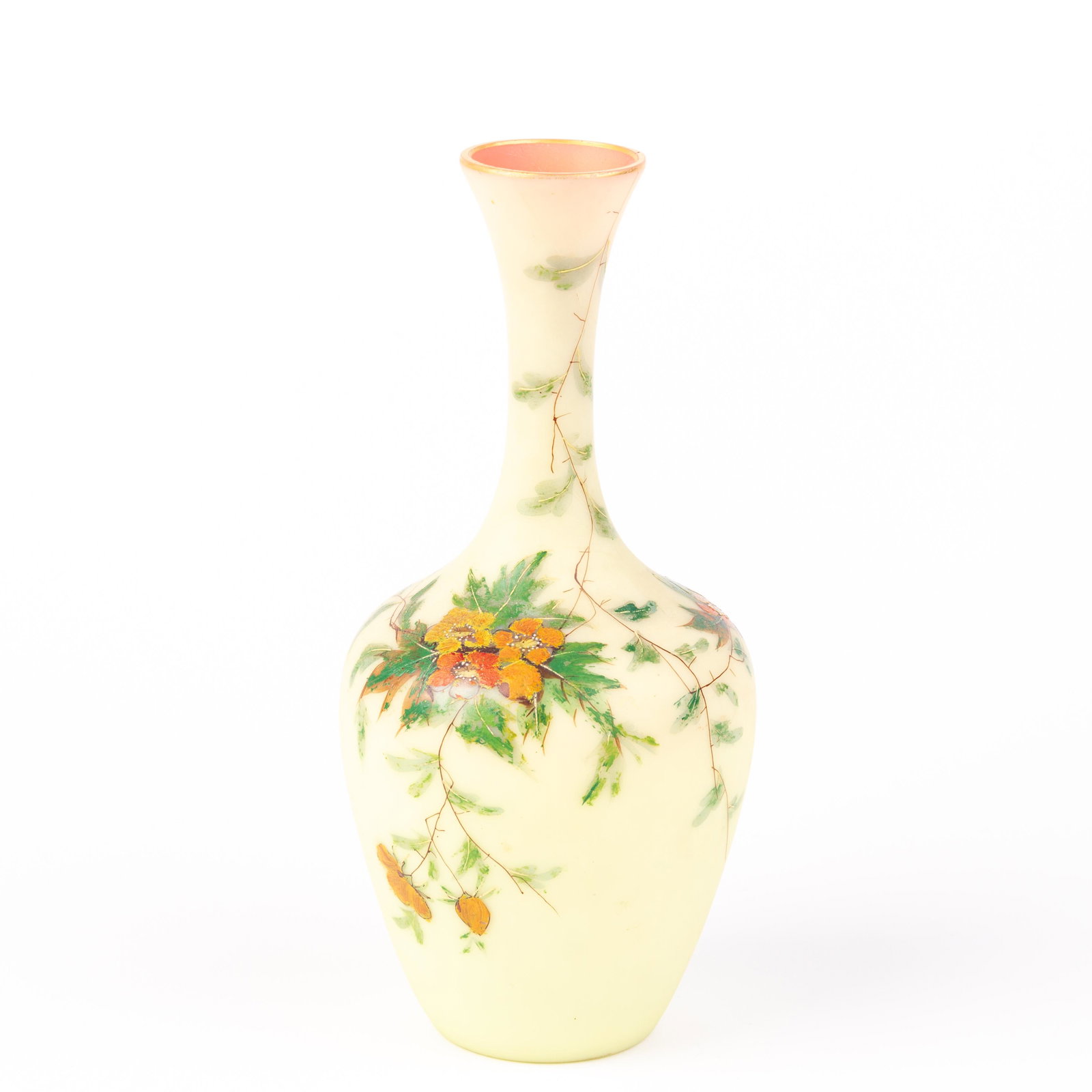 Art Deco Czech Opaline Enamel Painted Vase: DIMENSIONS APPROX 10x10x21CM. Please carefully study all photographs to get an accurate idea of the object. In good condition, as seen. Shipping is in-house and we ship internationally to US and rest