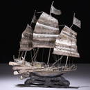 White Metal Chinese Sailing Junk Boat 19th Century