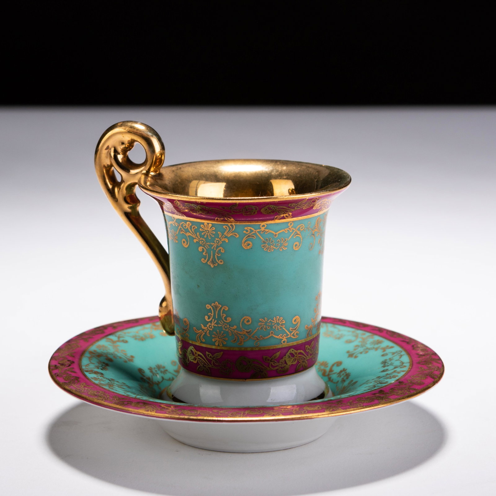 Bremer & Schmidt German Porcelain 24 KT Gold Teacup: MEASURING APPROX SAUCER 11CM; TEACUP 7.3 X 7.6CM HIGH. Please follow us on Instagram to stay updated with our current and future auctions: @albinus_auctions. Study all photographs carefully to get an 
