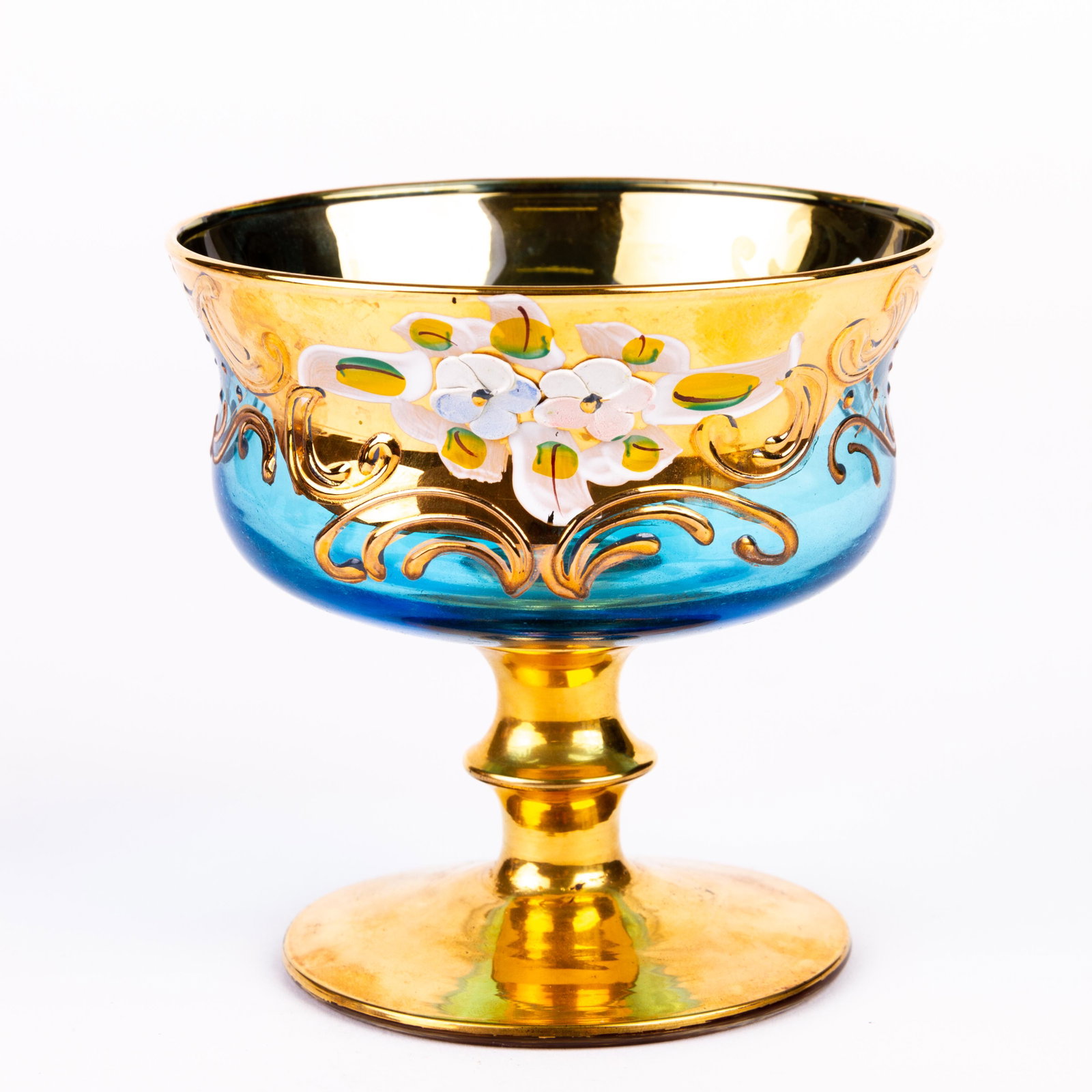 Murano Venetian 24KT Gold Enamel Glass Aquamarine Goblet: DIMENSIONS APPROX 11x11x11CM. Please carefully study all photographs to get an accurate idea of the object. In good condition, as seen. Shipping is in-house and we ship internationally to US and rest 