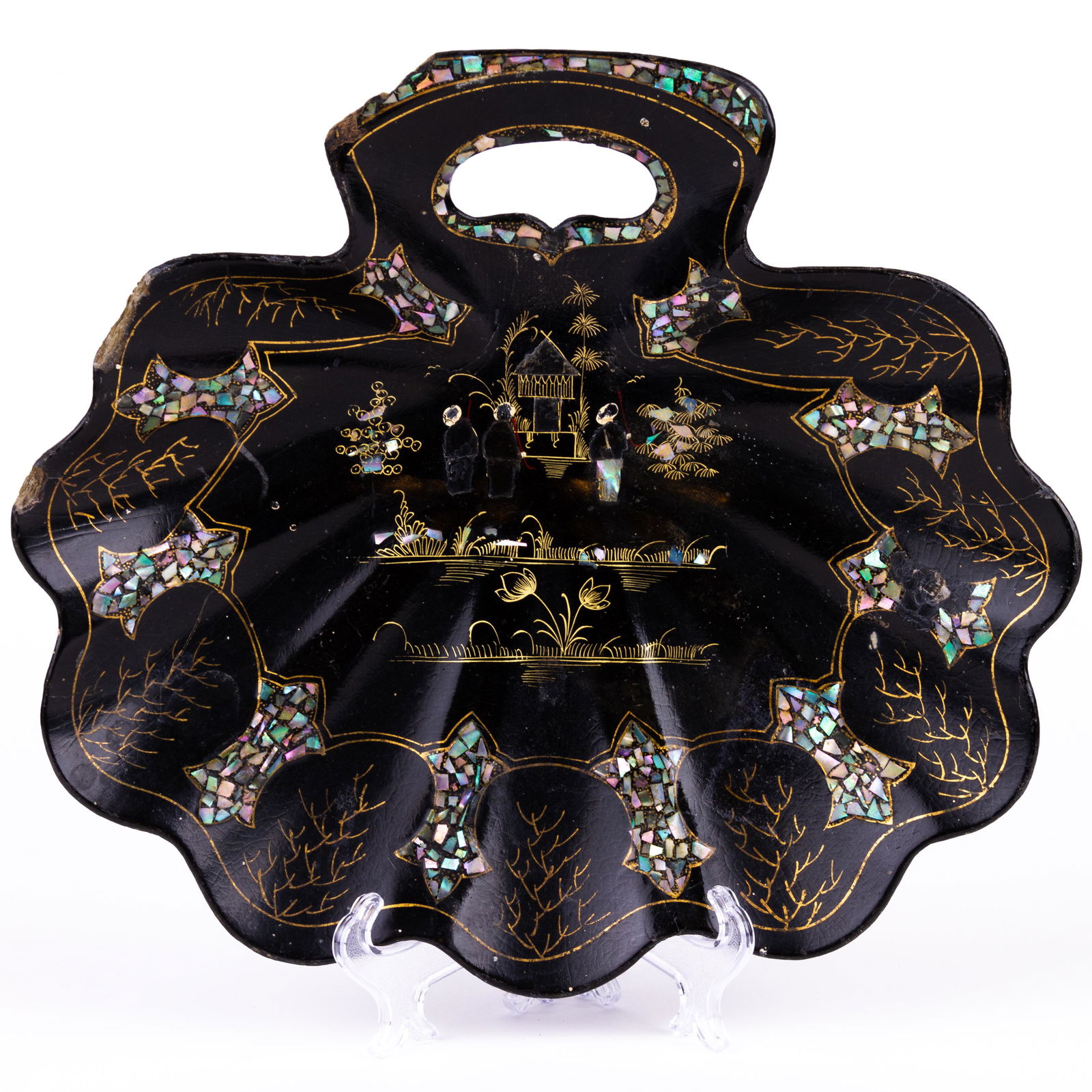 Papier Mache & Mother of Pearl Chinoiserie Shell Dish 19th C: DIMENSIONS APPROX 5x27x30CM. Please carefully study all photographs to get an accurate idea of the object. In good condition, as seen. Shipping is in-house and we ship internationally to US and rest o