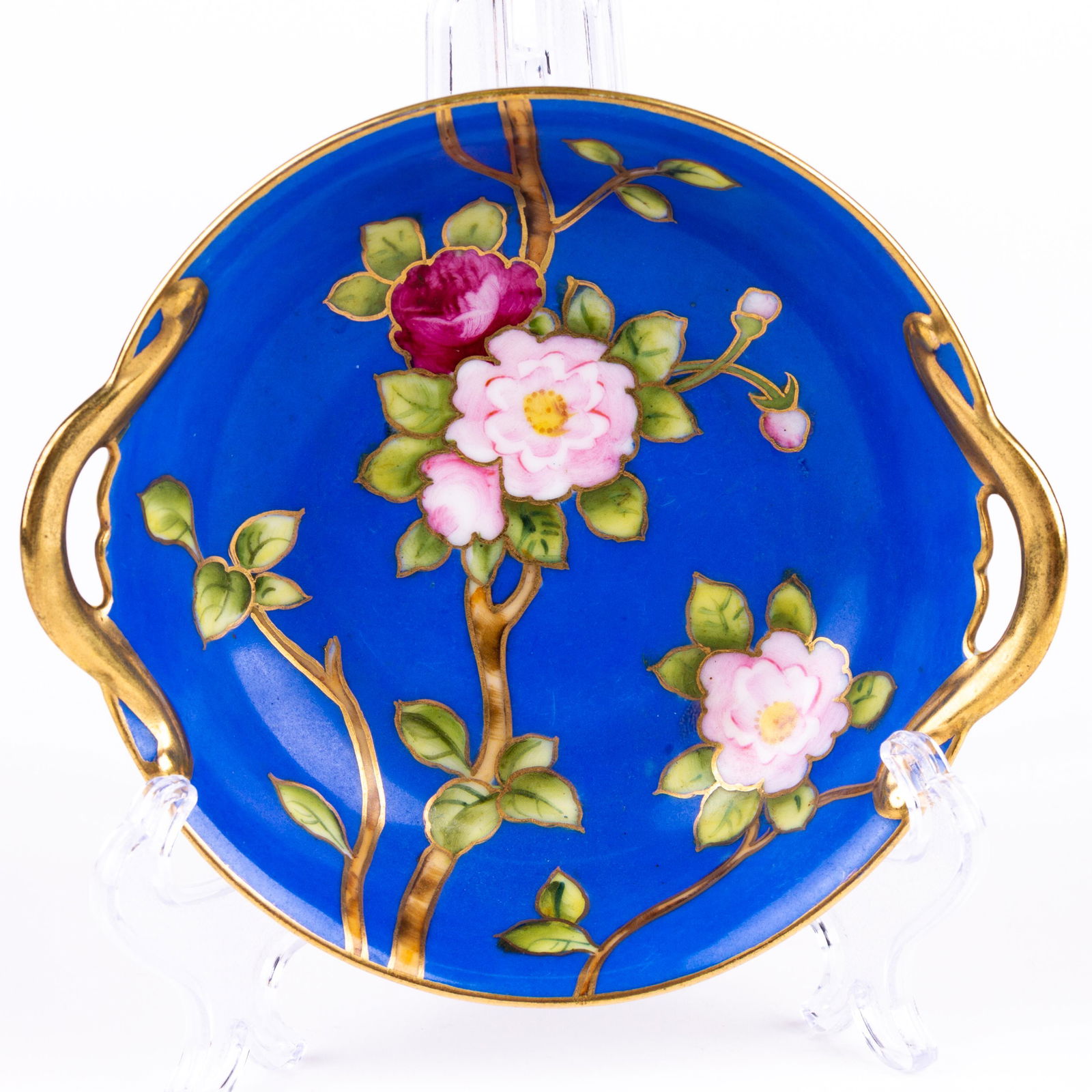 Noritake Fine Porcelain Gilt Handled Floral Dish: DIMENSIONS APPROX 3x13.5x12CM. Please carefully study all photographs to get an accurate idea of the object. In good condition, as seen. Shipping is in-house and we ship internationally to US and rest