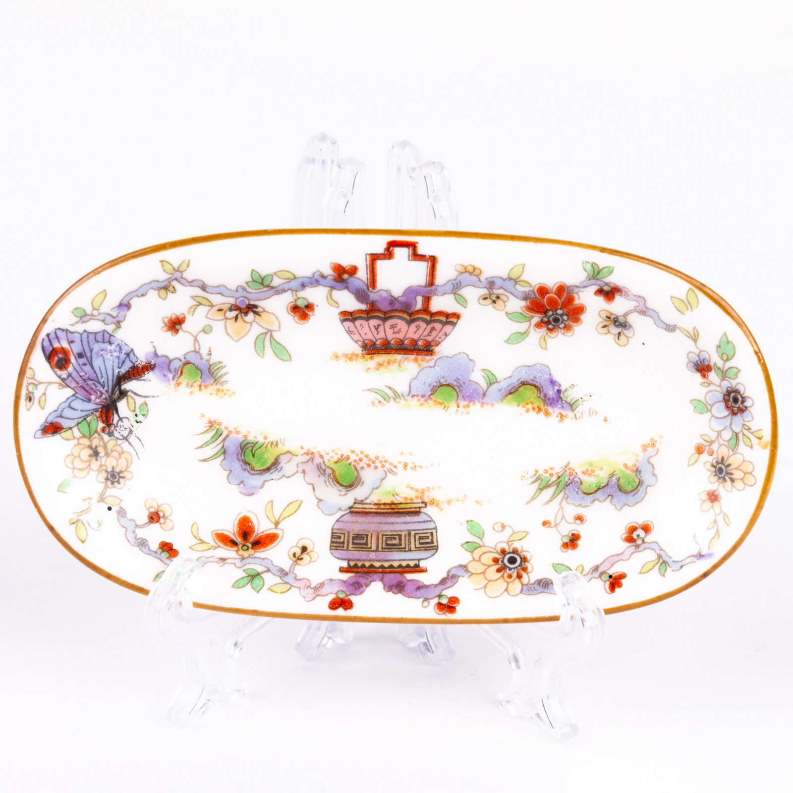 Chinese Inspired Royal Worcester Porcelain Dish: DIMENSIONS APPROX 11x5.5x1.5CM. Please carefully study all photographs to get an accurate idea of the object. In good condition, as seen. Shipping is in-house and we ship internationally to US and res