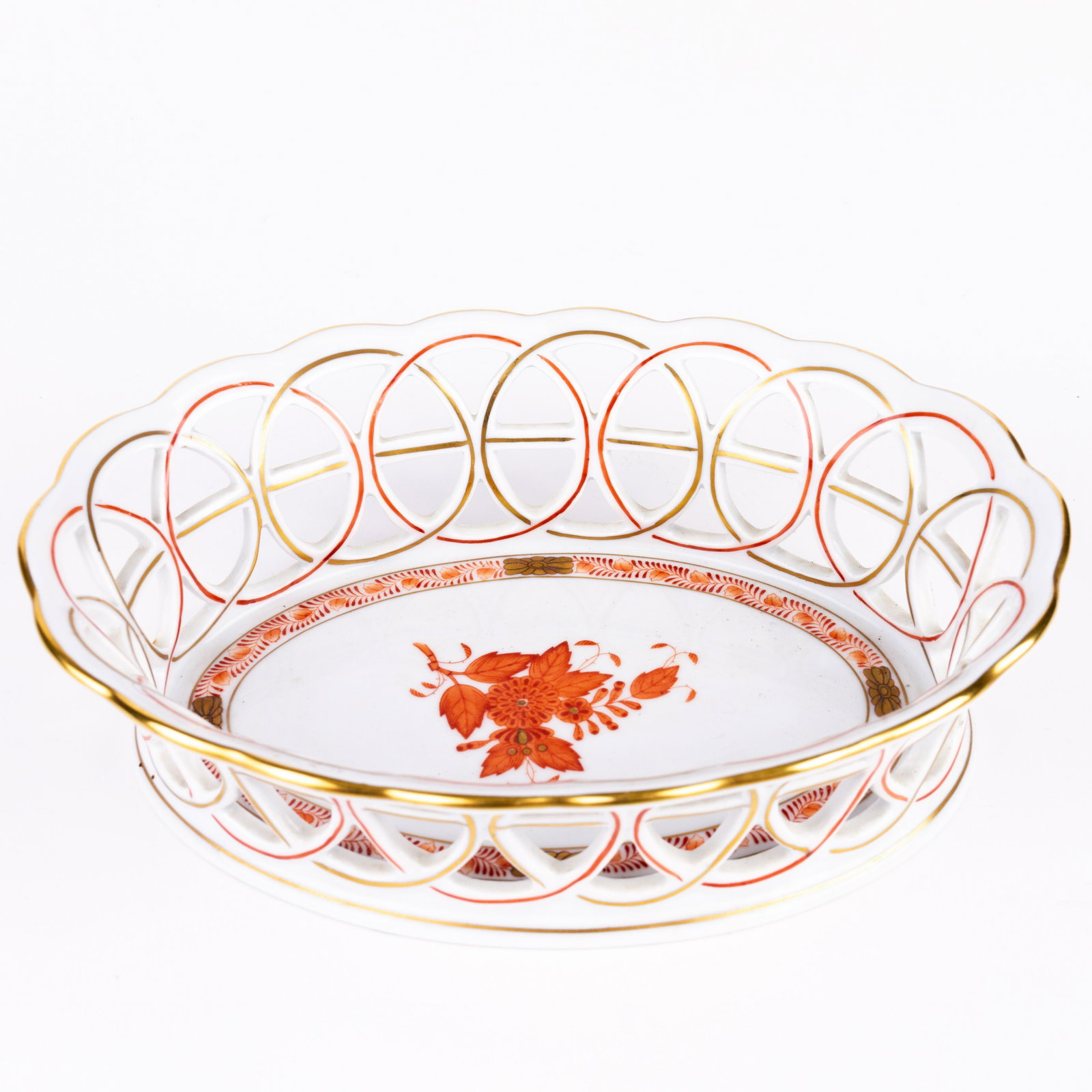 Herend Hungary Fine Porcelain Reticulated Basket: DIMENSIONS APPROX 21x16x6CM. Please carefully study all photographs to get an accurate idea of the object. In good condition, as seen. Shipping is in-house and we ship internationally to US and rest o