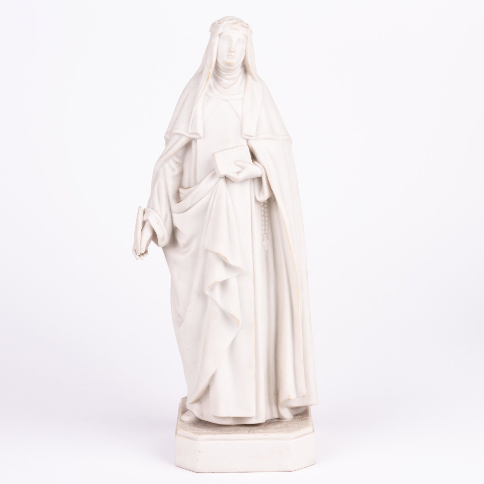 Parian Porcelain Mid 19th Century Religious Figure: DIMENSIONS APPROX 33.5x10.5x10CM. Please carefully study all photographs to get an accurate idea of the object. In good condition, as seen. Shipping is in-house and we ship internationally to US and r