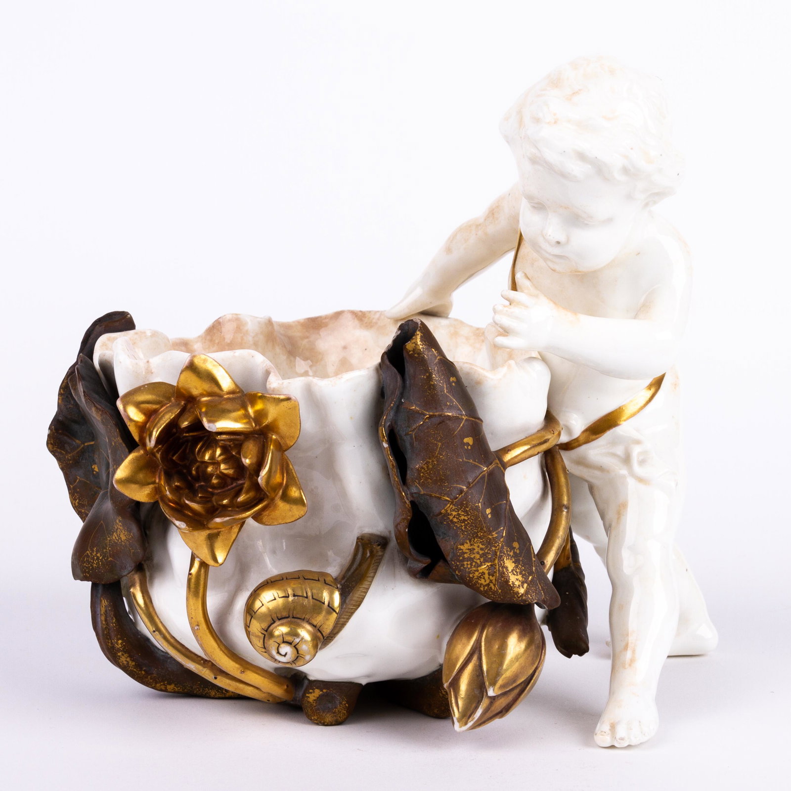 Moore Borthers Gilt Blanc de Chine Porcelain Putto Vase 19th Century: DIMENSIONS APPROX 20.5x20x13CM. Please carefully study all photographs to get an accurate idea of the object. In good condition, as seen. Shipping is in-house and we ship internationally to US and res