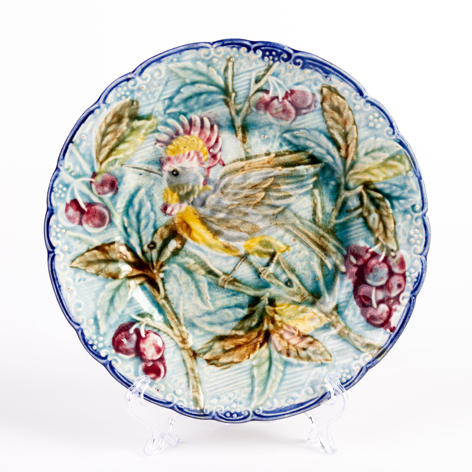 Minton Majolica Birds Plate 19th Century: DIMENSIONS APPROX 21x21x2.5CM. Please carefully study all photographs to get an accurate idea of the object. In good condition, as seen. Shipping is in-house and we ship internationally to US and rest