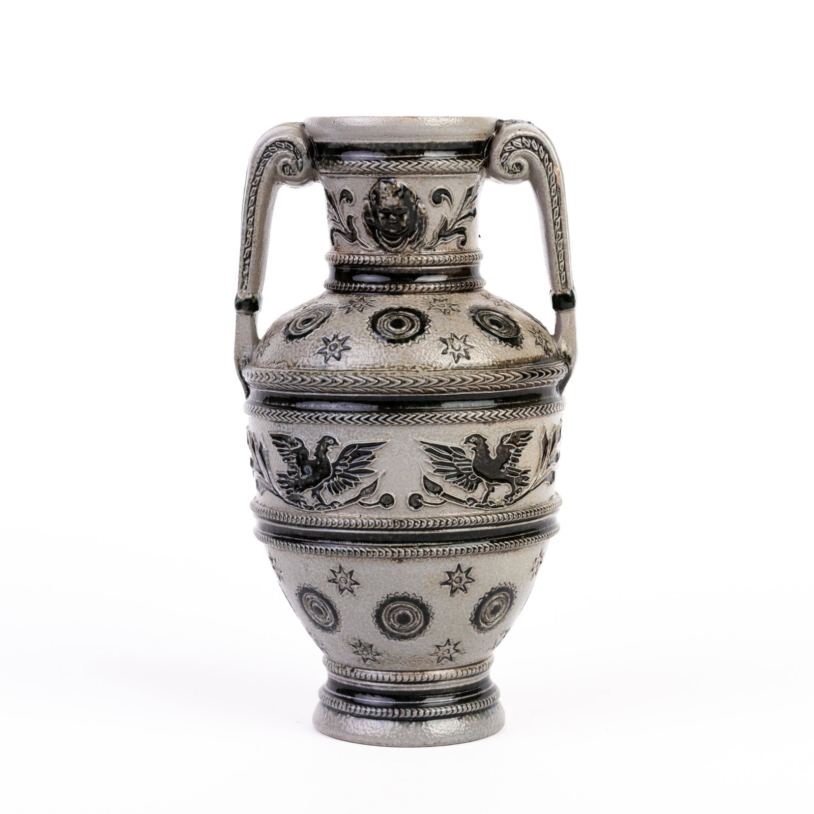 German Westerwald Salt Glazed Pottery Vase 19th C: DIMENSIONS APPROX 17x9x9CM. Please carefully study all photographs to get an accurate idea of the object. In good condition, as seen. Shipping is in-house and we ship internationally to US and rest of