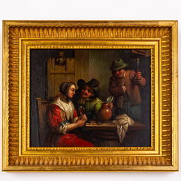 Dutch Tavern Scene After Teniers 19th Century Oil