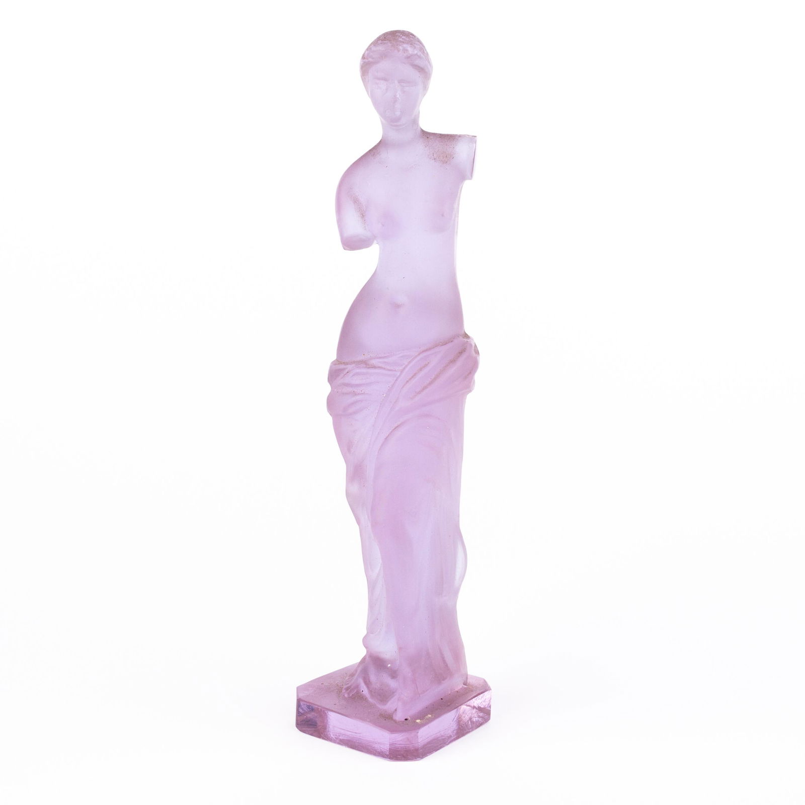 Venus Pudica Frosted Glass Purple Sculpture: Please carefully study all photographs to get an accurate idea of the object. In good condition, as seen. Shipping is in-house and we ship internationally to US and rest of the world. You may follow o