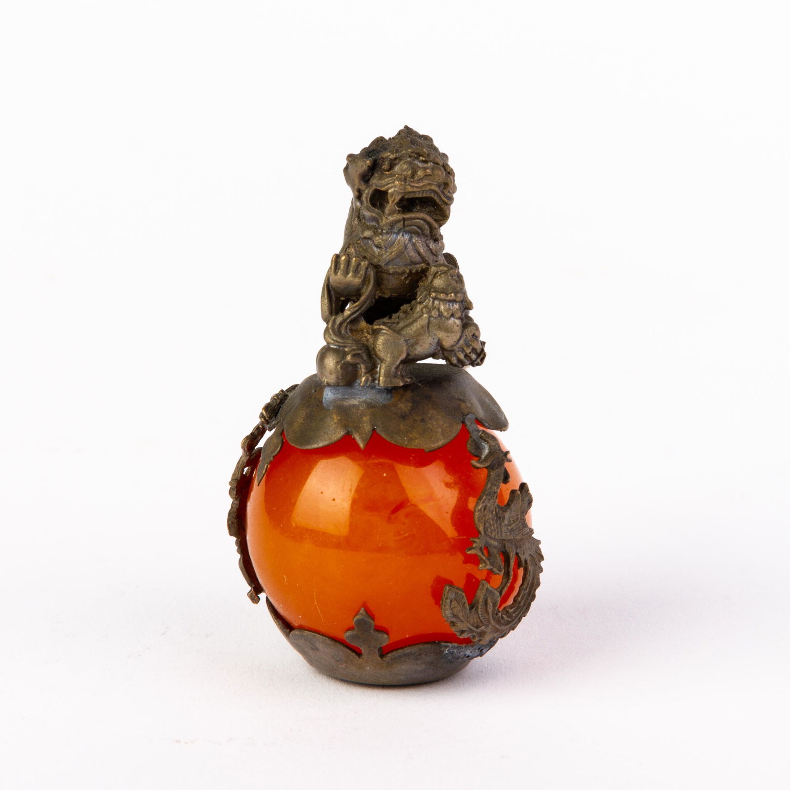 Tibetan Chinese Carved Amber & Silver Foo Dog Sculpture (1 of 6)