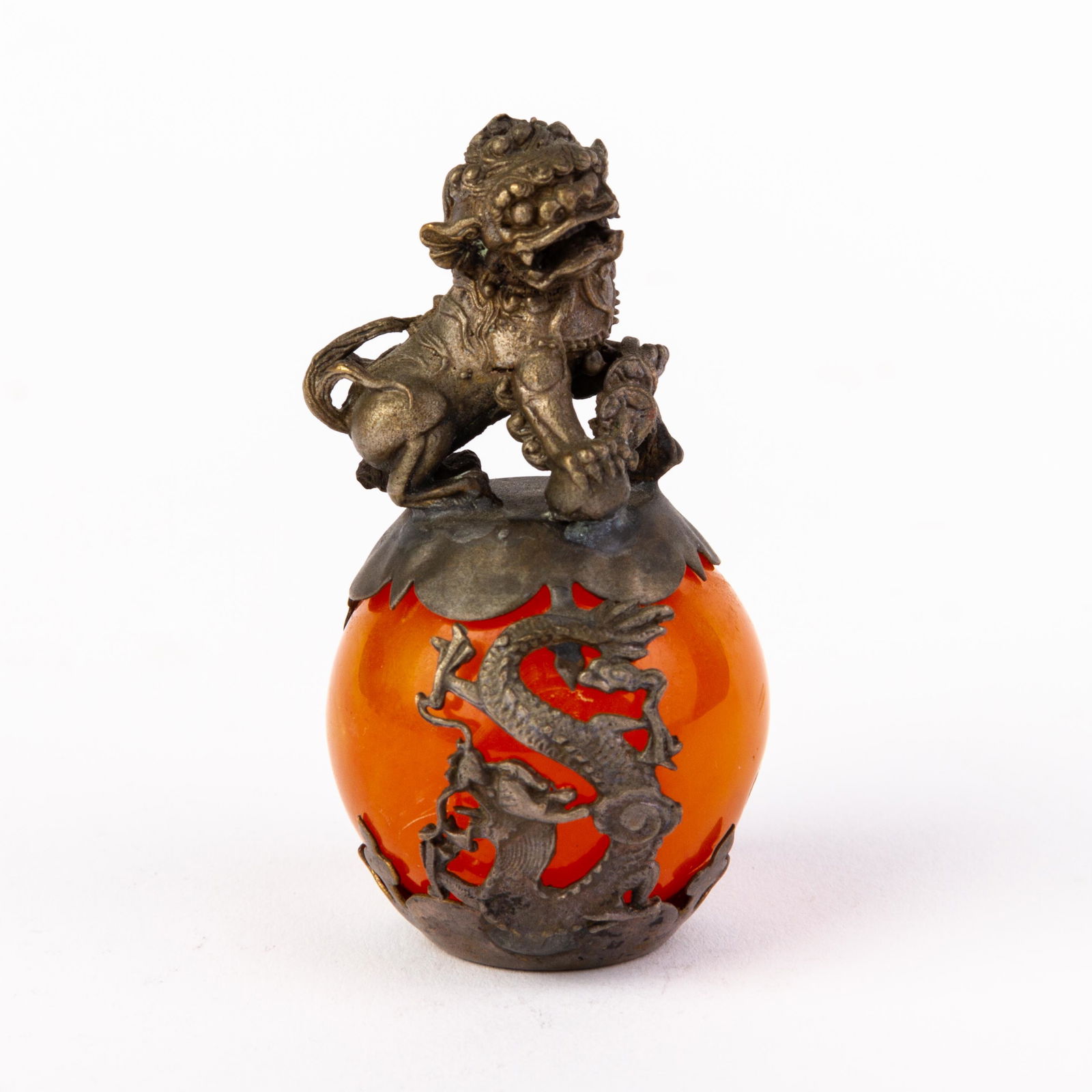 Tibetan Chinese Carved Amber & Silver Foo Dog Sculpture (1 of 6)