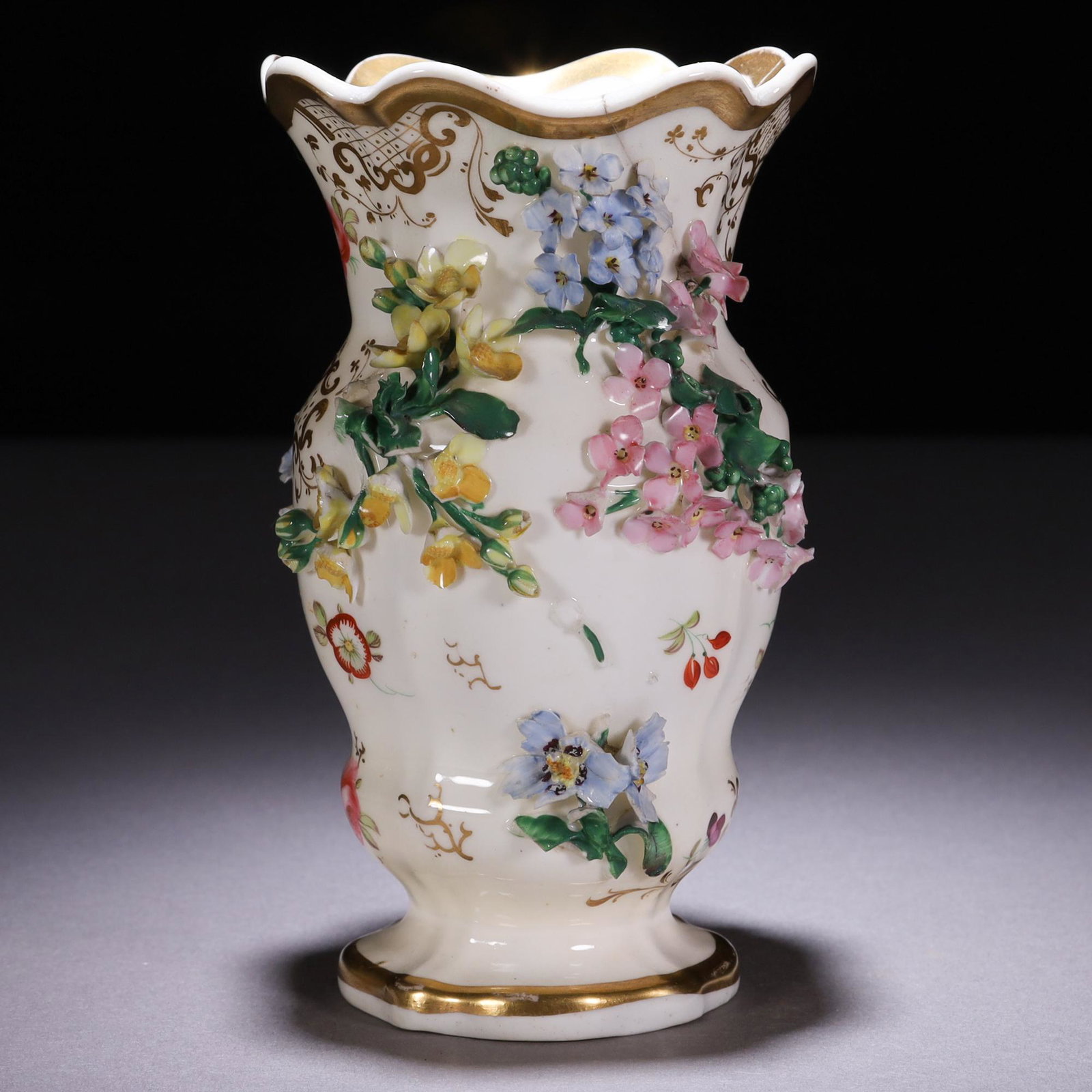 Samuel Alcock Rococo Relief Porcelain Floral Vase: MEASURING APPROX 14 X 8.5CM. Please carefully study all photographs to get an accurate idea of the object. In good condition, as seen. Shipping is in-house and we ship internationally to US and rest o