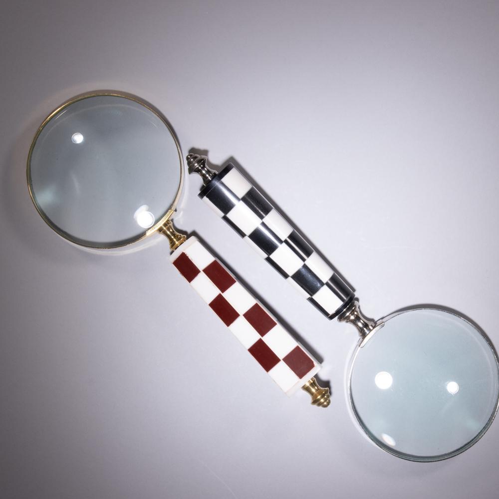 Pair of Chequered Magnifying Glasses: 110 x 35 x 270mm. Please carefully study all photographs to get an accurate idea of the object. In good condition, as seen. Shipping is in-house and we ship internationally to US and rest of the world