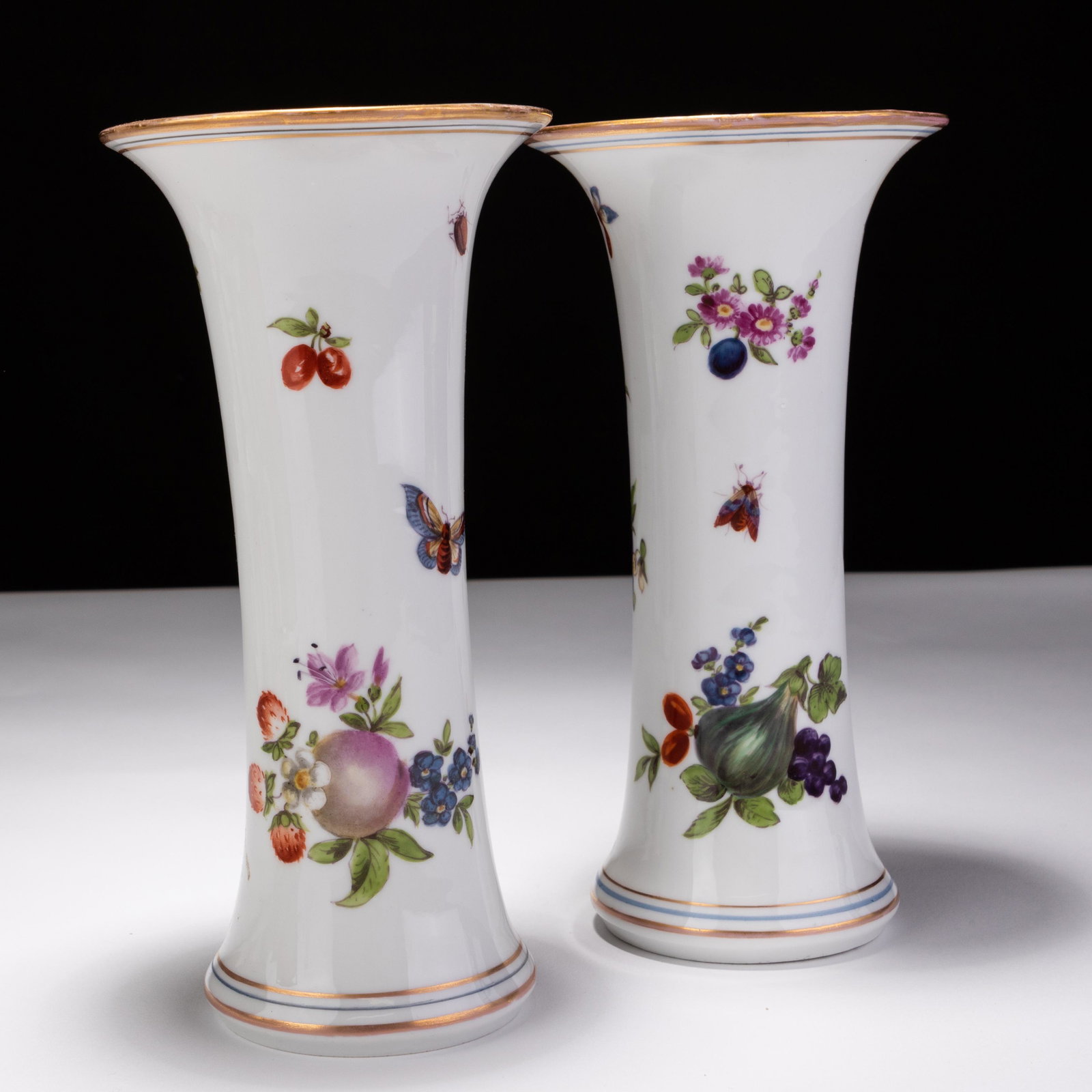 Pair of Dresden German Porcelain Insect & Fruits Vases 19th Century (1 of 11)