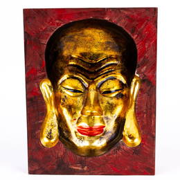 Chinese Signed Lacquered Buddha Face Wall Mask