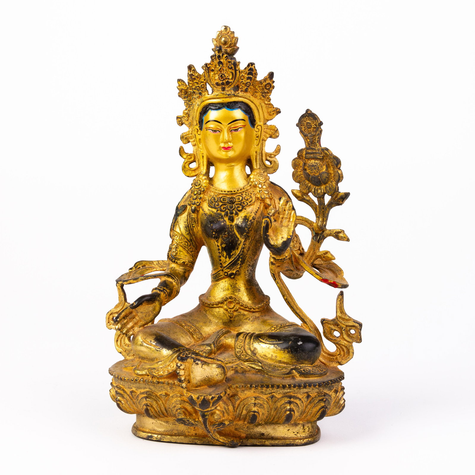 Sino-Tibetan Gilt Cold-Painted Bronze Sculpture: DIMENSIONS APPROX 21.5x12x10CM. Please carefully study all photographs to get an accurate idea of the object. In good condition, as seen. Shipping is in-house and we ship internationally to US and res