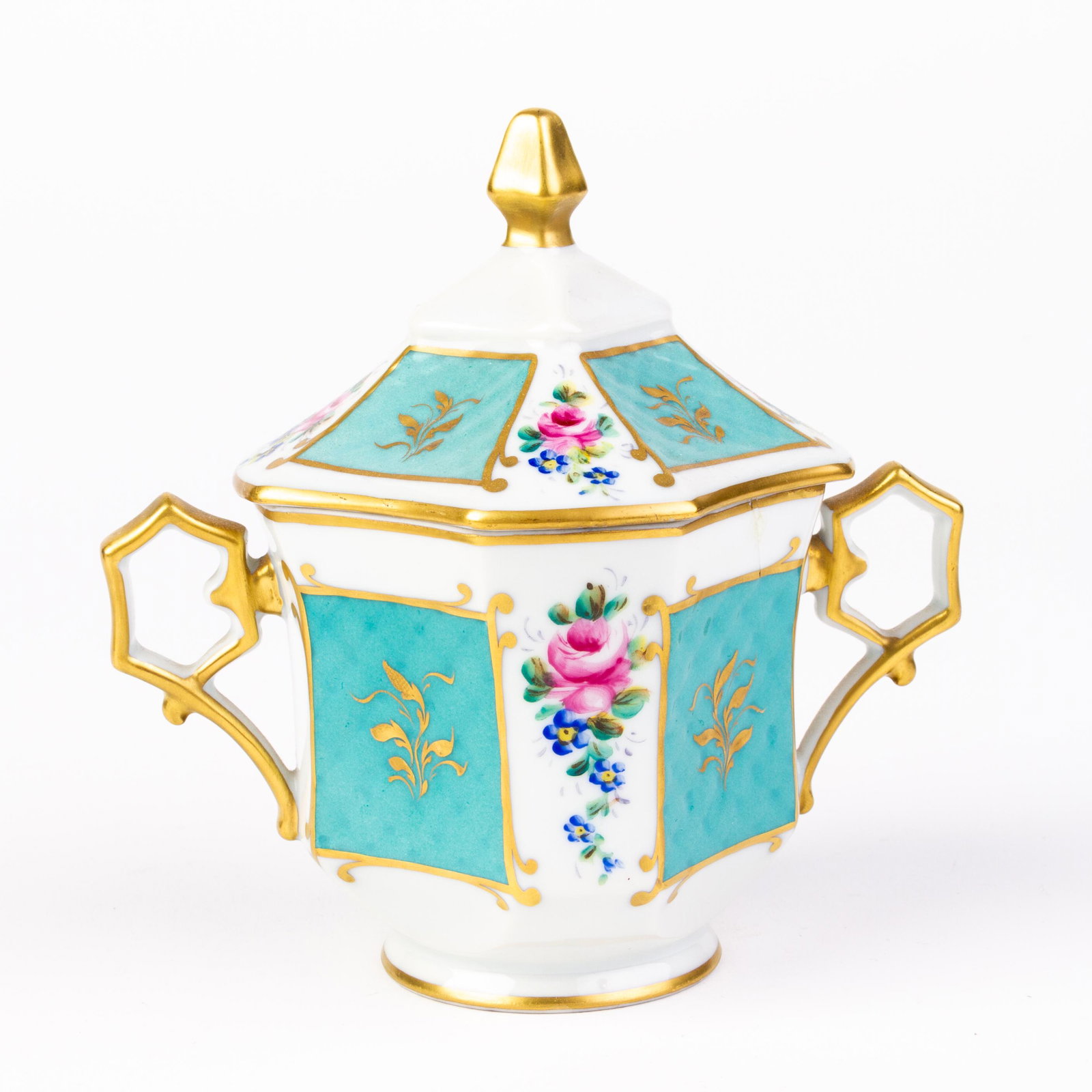 Limoges French Porcelain Turquoise Ground Sugar Jar: DIMENSIONS APPROX 14x13x9CM. Please carefully study all photographs to get an accurate idea of the object. In good condition, as seen. Shipping is in-house and we ship internationally to US and rest o
