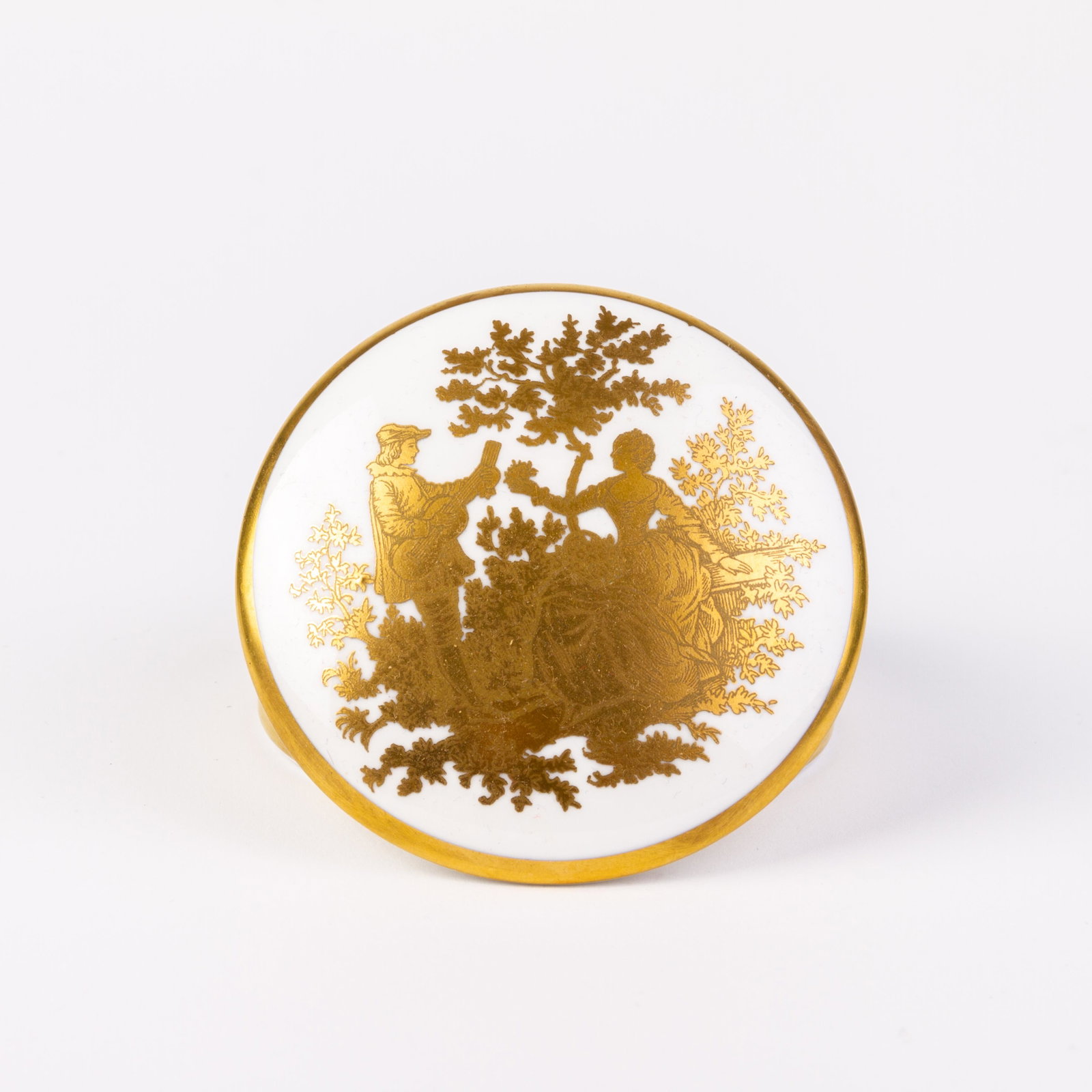 Crown Staffordshire Gilt Porcelain Romantic Lidded Box: DIMENSIONS APPROX 7.5x7.5x4.5CM. Please carefully study all photographs to get an accurate idea of the object. In good condition, as seen. Shipping is in-house and we ship internationally to US and re