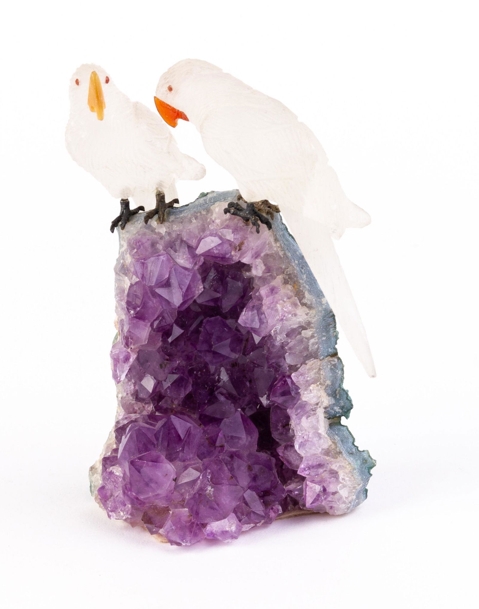 Brazilian Geode Carved Rock Crystal Parakeets Sculpture (1 of 5)