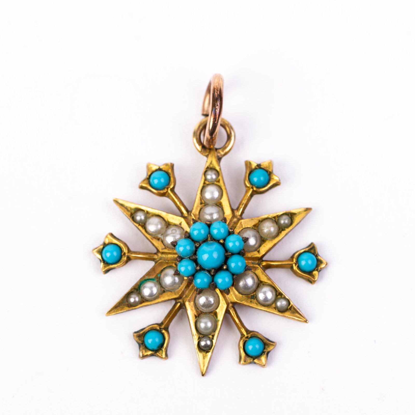 Edwardian Turquoise & Pearl Starbust Gold Pendant: DIMENSIONS APPROX 3x3x1CM. Please carefully study all photographs to get an accurate idea of the object. In good condition, as seen. Shipping is in-house and we ship internationally to US and rest of 