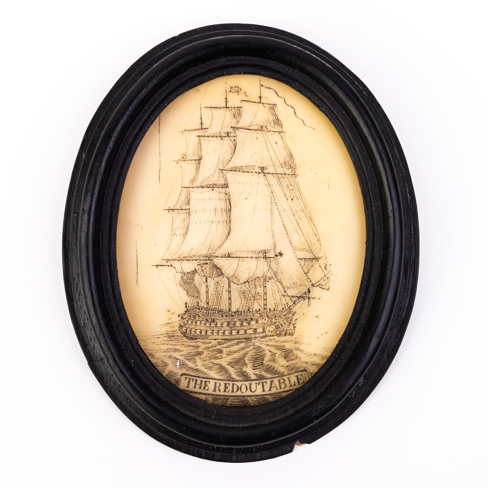 The Redoutable Scrimshaw Etching: DIMENSIONS APPROX 14x11x2CM. Please carefully study all photographs to get an accurate idea of the object. In good condition, as seen. Shipping is in-house and we ship internationally to US and rest o