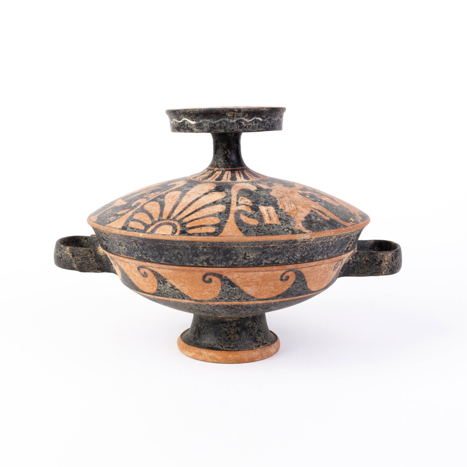 Greek Attic Terracotta Lekanis (covered dish) Classical ca. 400 BC: DIMENSIONS APPROX 22x23x30CM. Please carefully study all photographs to get an accurate idea of the object. In good condition, as seen. Shipping is in-house and we ship internationally to US and rest 