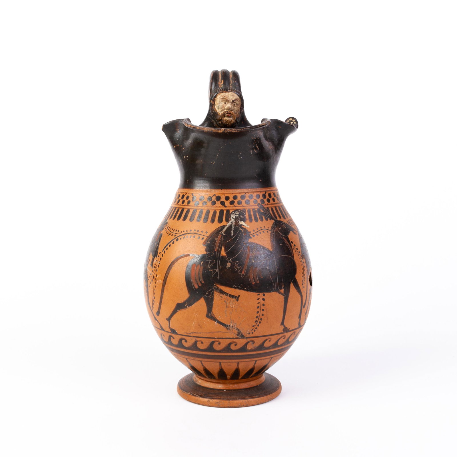 Greek Attic Terracotta Pitcher Classical ca. 400 BC: DIMENSIONS APPROX 28x13x13CM. Please carefully study all photographs to get an accurate idea of the object. In good condition, as seen. Shipping is in-house and we ship internationally to US and rest 