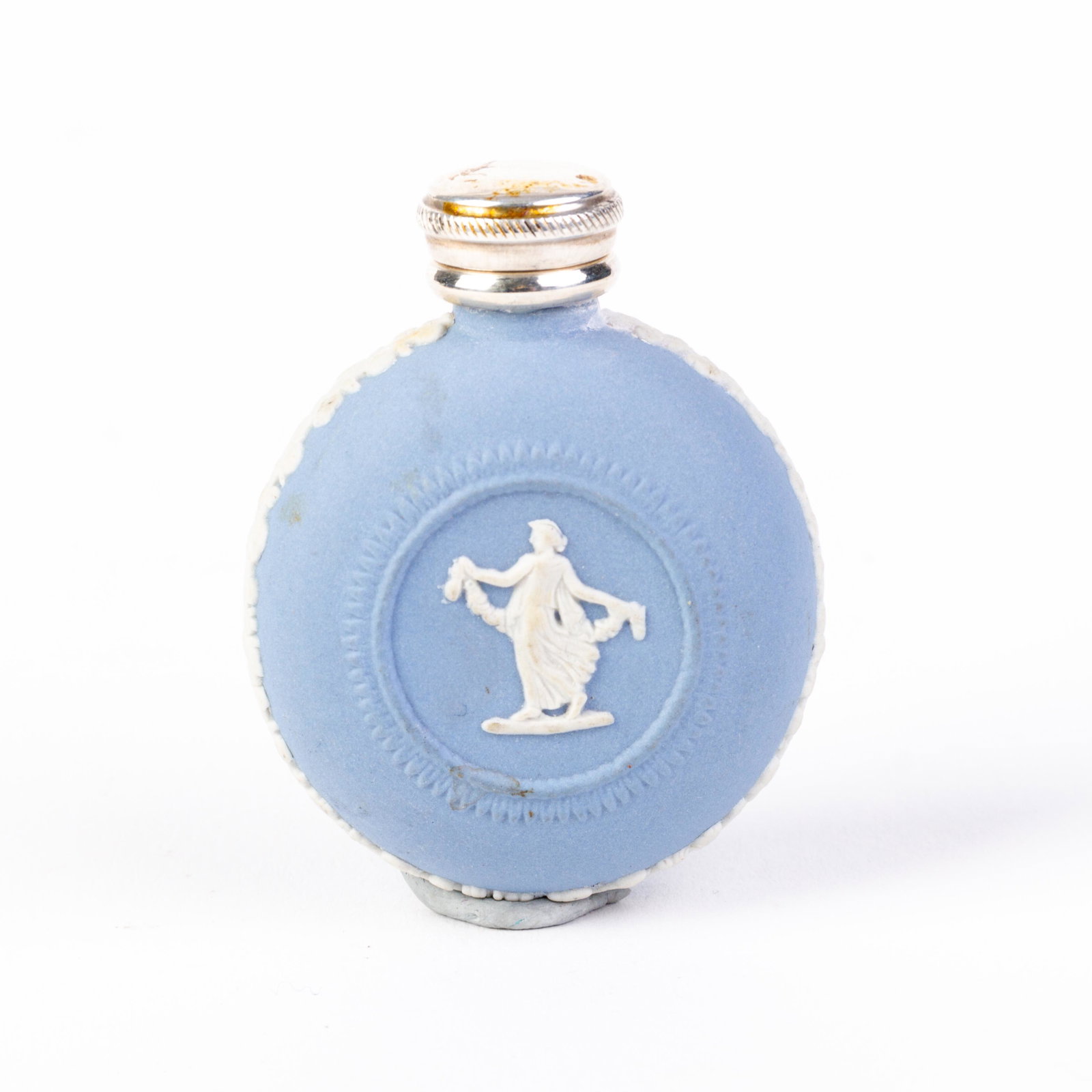 Wedgwood Jasperware Silver Top Scent Perfume Bottle: DIMENSIONS APPROX 4x2x5CM. Please carefully study all photographs to get an accurate idea of the object. In good condition, as seen. Shipping is in-house and we ship internationally to US and rest of