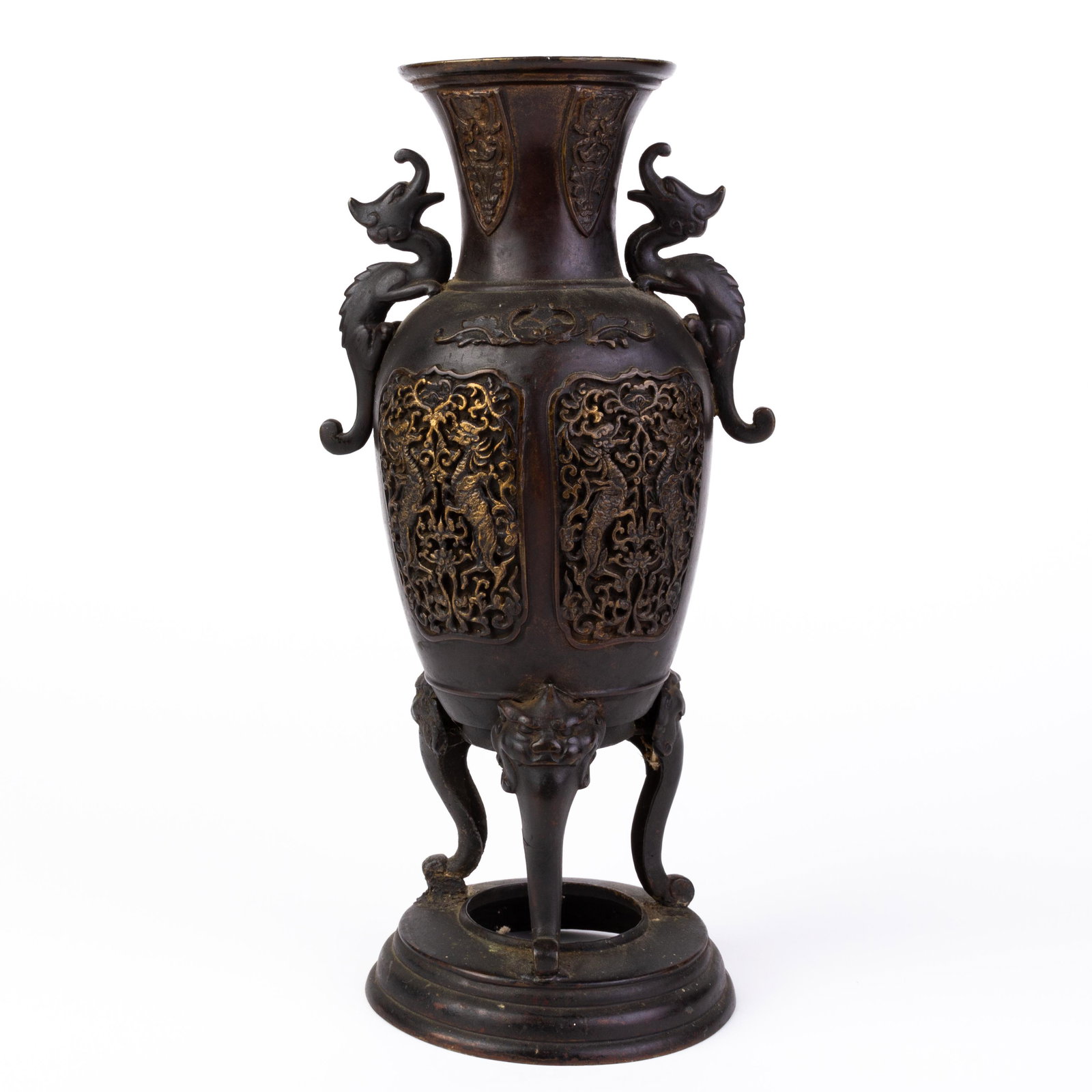 Japanese Gilded Bronze Meiji Censer Vase: DIMENSIONS APPROX 13.5x13.5x34CM. Please carefully study all photographs to get an accurate idea of the object. In good condition, as seen. Shipping is in-house and we ship internationally to US and r