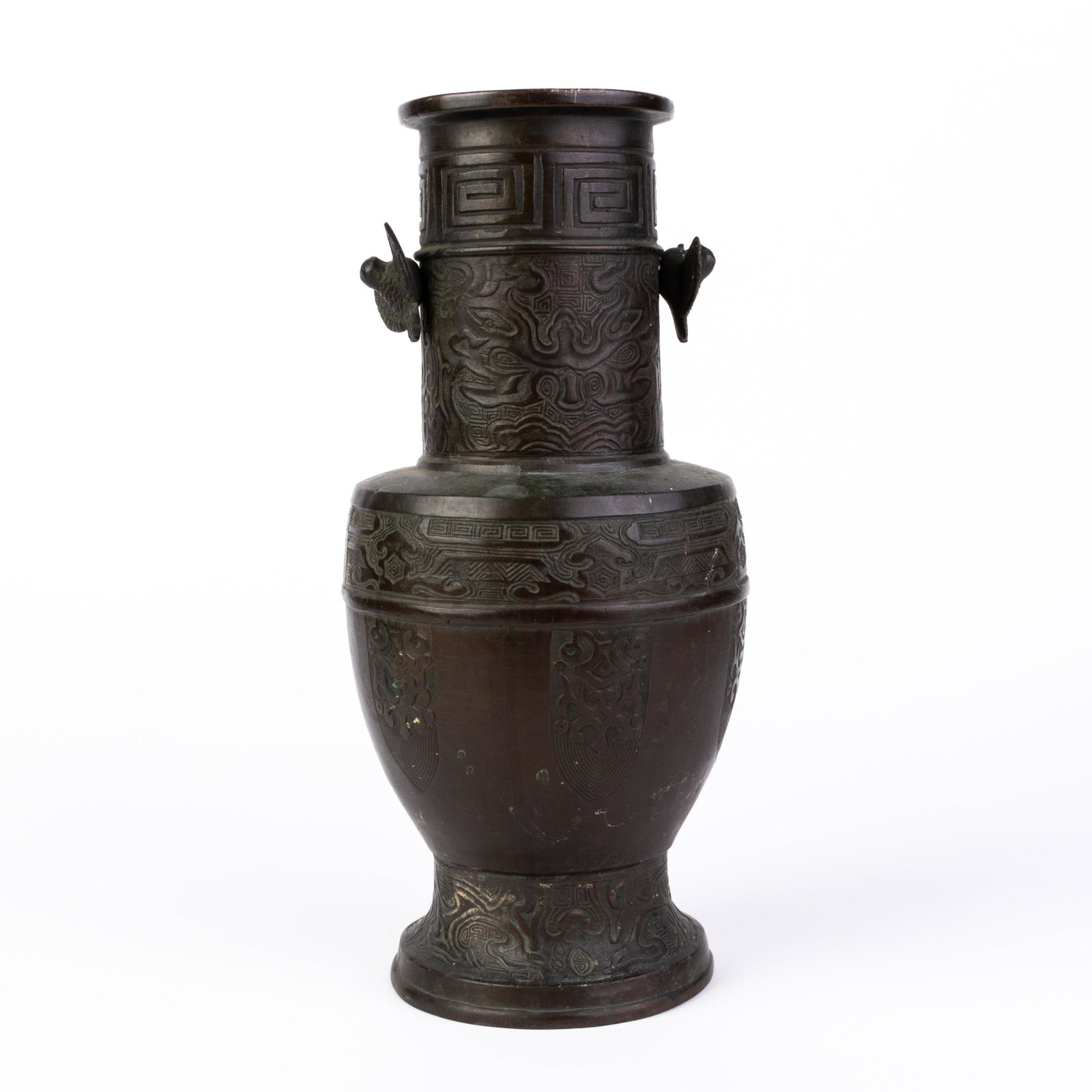 Japanese Gilded Bronze Meiji Vase: DIMENSIONS APPROX 35x.5x15x15CM. Please carefully study all photographs to get an accurate idea of the object. In good condition, as seen. Shipping is in-house and we ship internationally to US and re