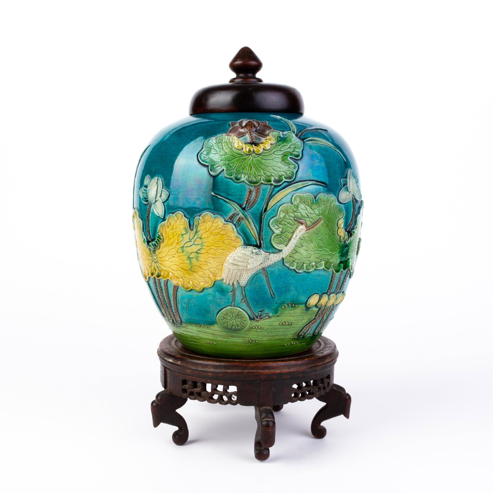 Chinese Wang Bingrong Relief Stork Ginger Jar 19th Century: DIMENSIONS APPROX 17x17x36CM. Please carefully study all photographs to get an accurate idea of the object. In good condition, as seen. Shipping is in-house and we ship internationally to US and rest 