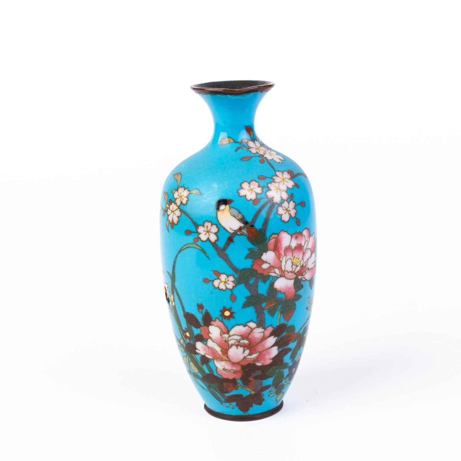Japanese Cloisonne Bird & Blossoms Vase Meiji: DIMENSIONS APPROX 18x8x8CM. Please carefully study all photographs to get an accurate idea of the object. In good condition, as seen. Shipping is in-house and we ship internationally to US and rest of