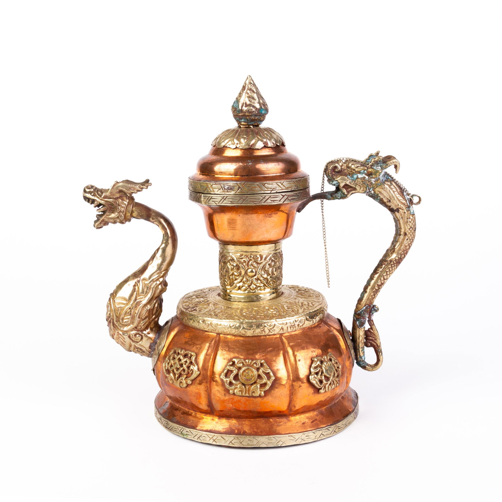 Chinese Tibetan Gilded Copper & Brass Dragon Teapot 19th Century: DIMENSIONS APPROX 25x24x13CM. Please carefully study all photographs to get an accurate idea of the object. In good condition, as seen. Shipping is in-house and we ship internationally to US and rest 