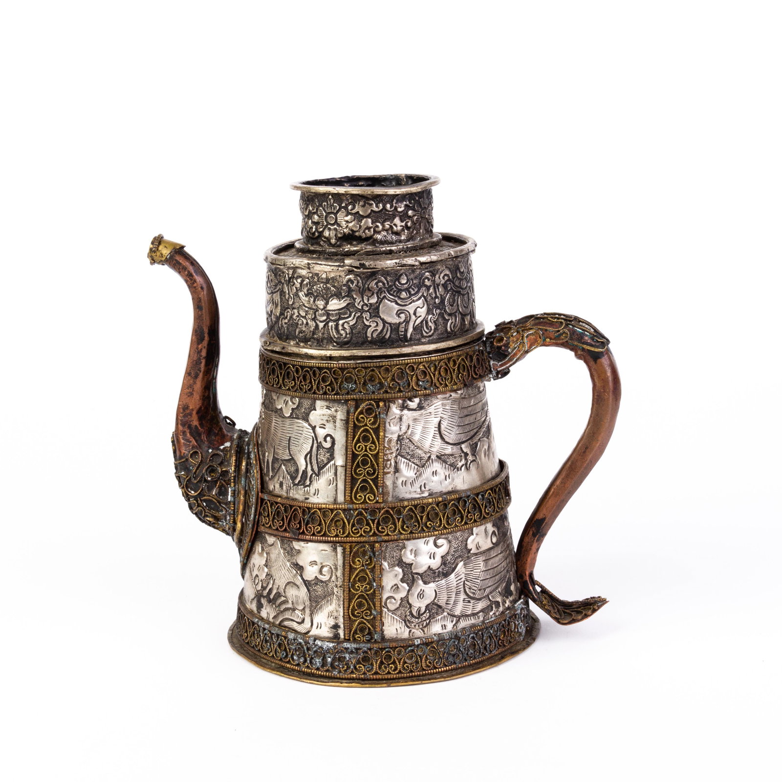 Chinese Tibetan Gilded White Metal & Copper Teapot: DIMENSIONS APPROX 17.5x12x12CM. Please carefully study all photographs to get an accurate idea of the object. In good condition, as seen. Shipping is in-house and we ship internationally to US and res