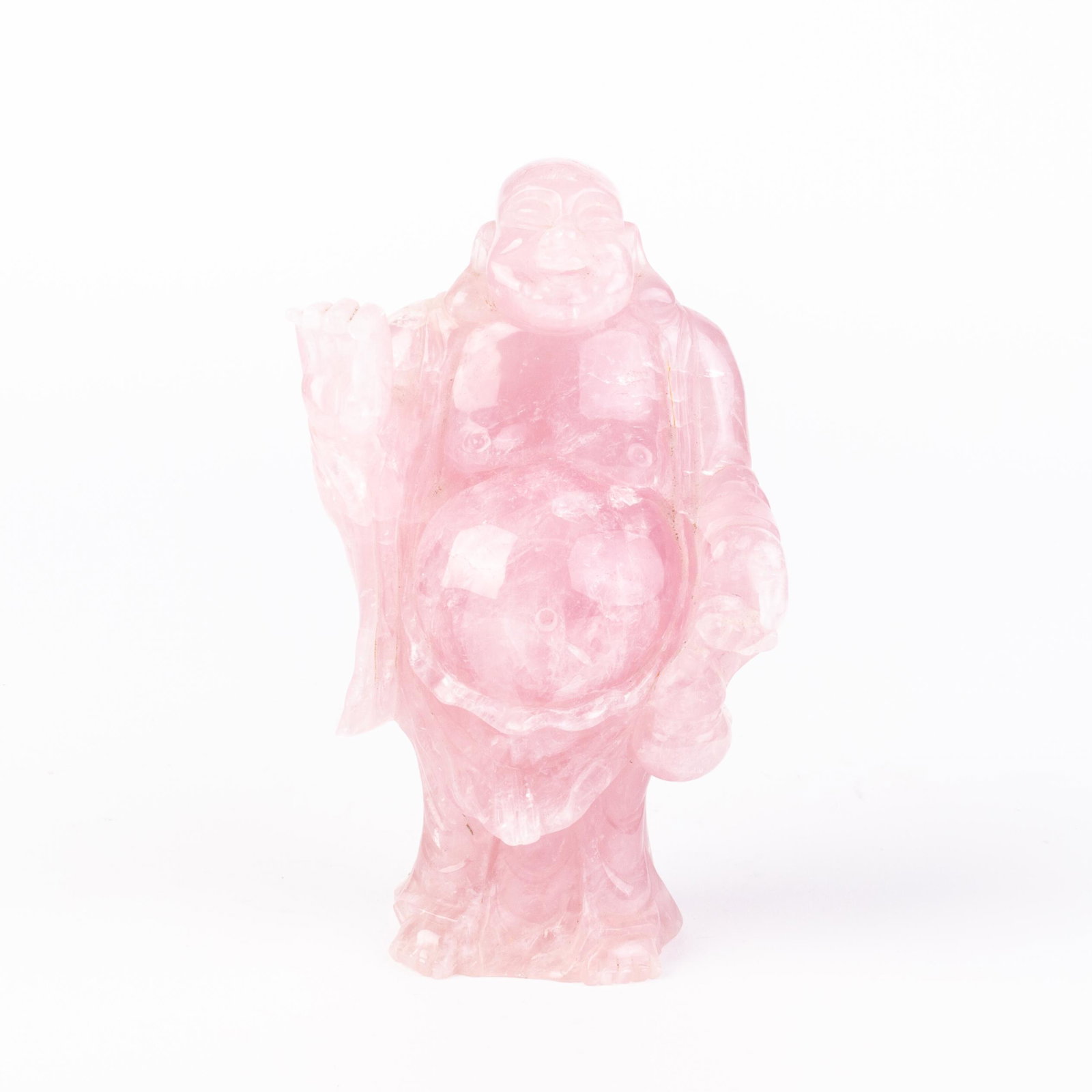 Chinese Carved Pink Quartz Sculpture of Buddha: DIMENSIONS APPROX 17x9x6CM. Please carefully study all photographs to get an accurate idea of the object. In good condition, as seen. Shipping is in-house and we ship internationally to US and rest of