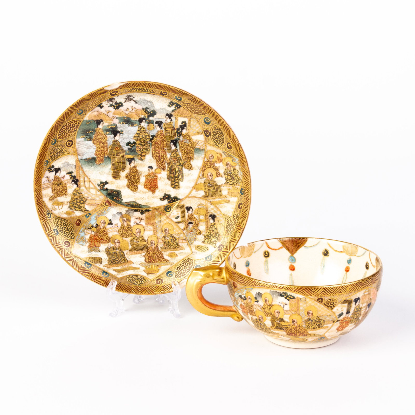 Signed Japanese Satsuma Cup & Saucer Meiji: DIMENSIONS APPROX 14x14x6CM. Please carefully study all photographs to get an accurate idea of the object. In good condition, as seen. Shipping is in-house and we ship internationally to US and rest o