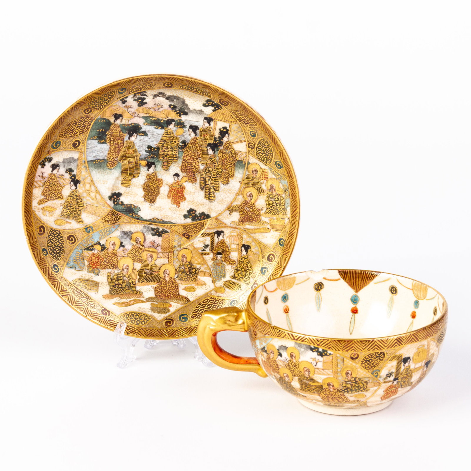 Signed Japanese Satsuma Cup & Saucer Meiji: DIMENSIONS APPROX 14x14x6CM. Please carefully study all photographs to get an accurate idea of the object. In good condition, as seen. Shipping is in-house and we ship internationally to US and rest o