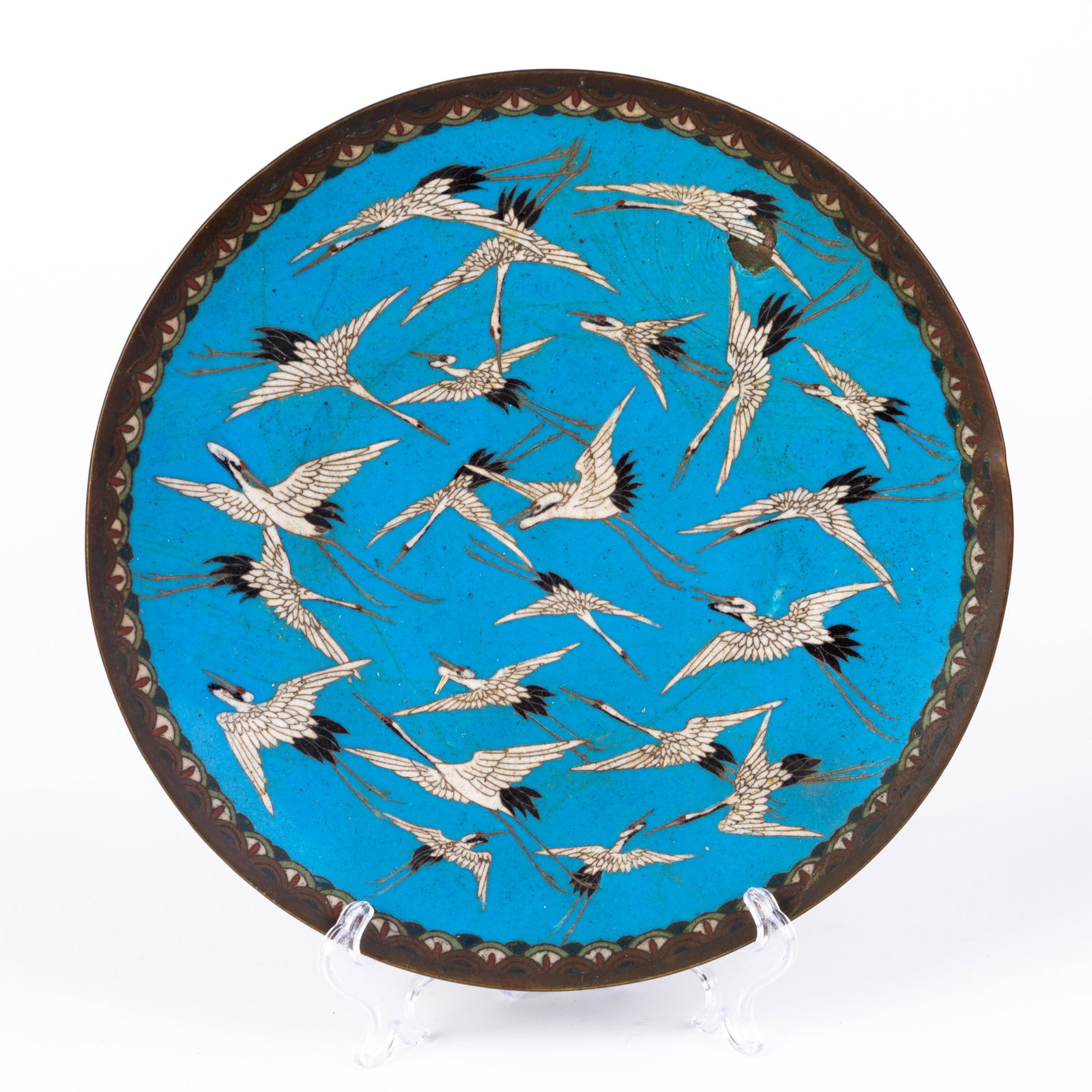 Japanese Cloisonne Bronze Meiji Charger Flying Cranes: DIMENSIONS APPROX 24x24x3CM. Please carefully study all photographs to get an accurate idea of the object. In good condition, as seen. Shipping is in-house and we ship internationally to US and rest o