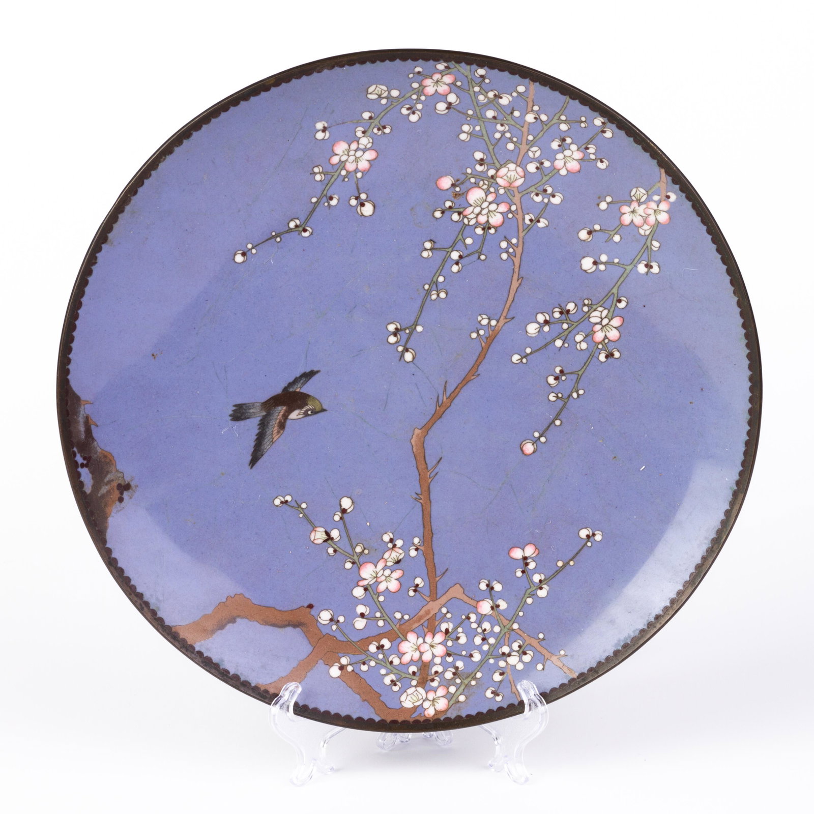 Japanese Cloisonne Bronze Meiji Charger Bird & Blossoms: DIMENSIONS APPROX 30x30x3.5CM. Please carefully study all photographs to get an accurate idea of the object. In good condition, as seen. Shipping is in-house and we ship internationally to US and rest