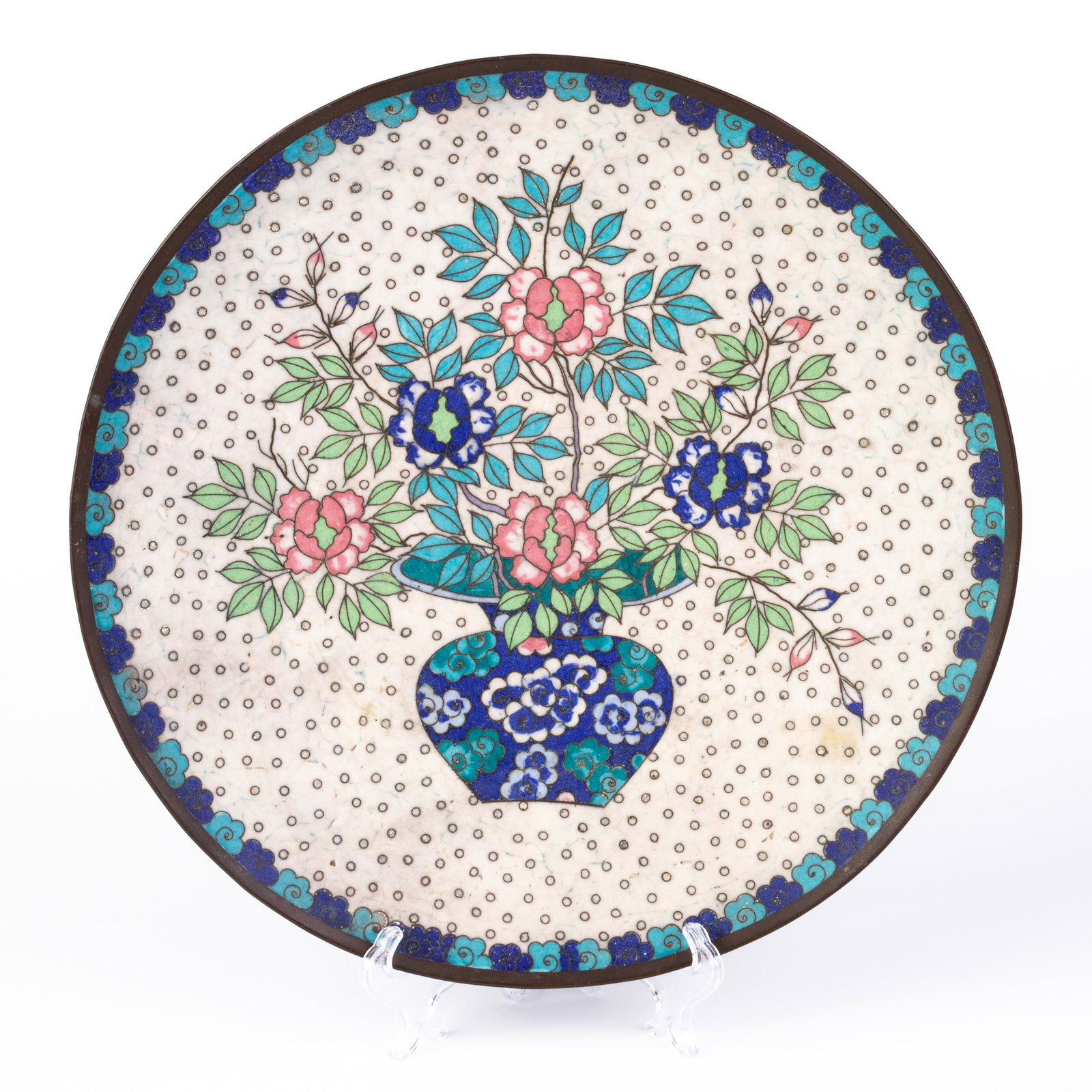 Japanese Cloisonne Bronze Meiji Charger Prosperity Vase: DIMENSIONS APPROX 30x30x3.5CM. Please carefully study all photographs to get an accurate idea of the object. In good condition, as seen. Shipping is in-house and we ship internationally to US and rest