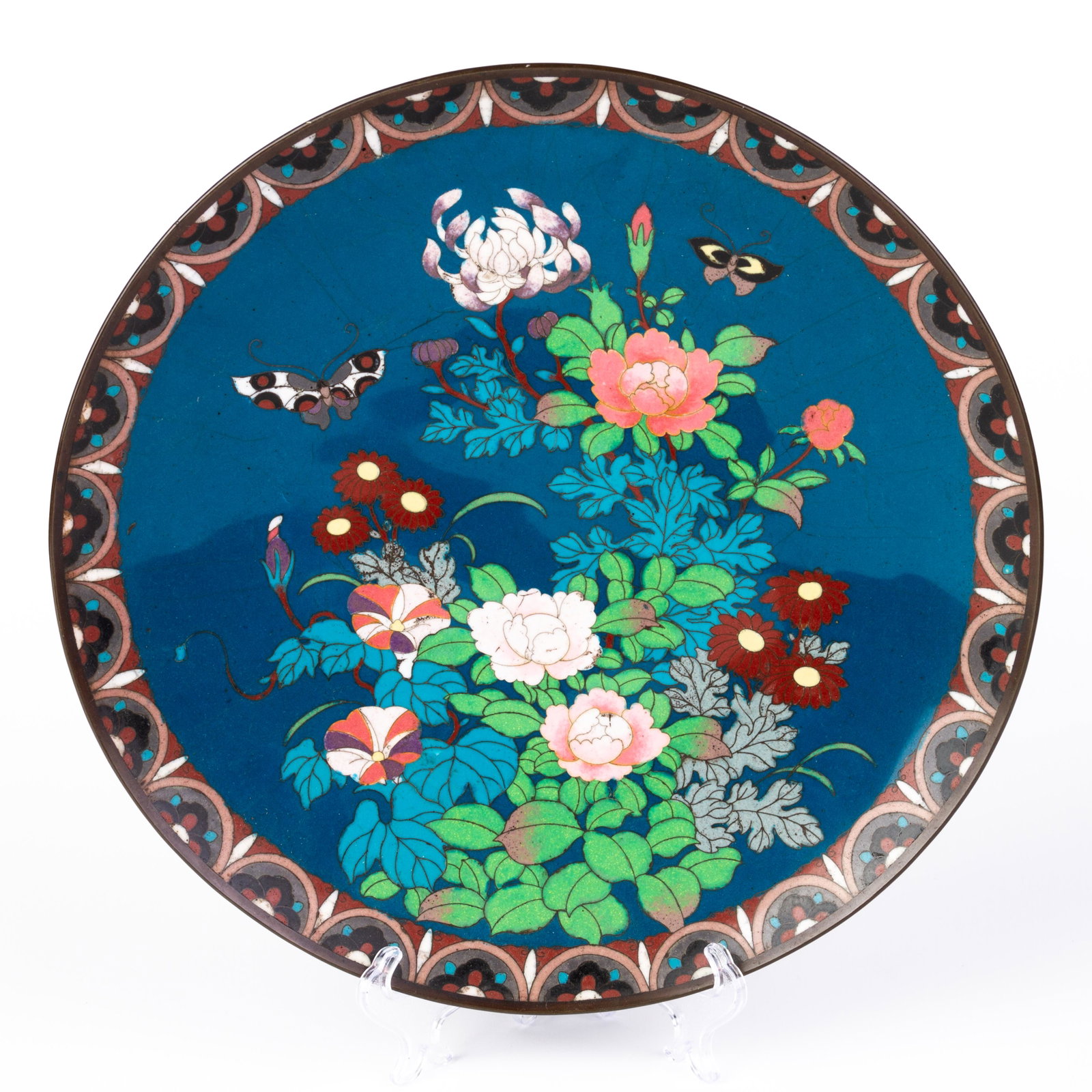 Japanese Cloisonne Bronze Meiji Charger Butterflies & Flowers: DIMENSIONS APPROX 30x30x3.5CM. Please carefully study all photographs to get an accurate idea of the object. In good condition, as seen. Shipping is in-house and we ship internationally to US and rest
