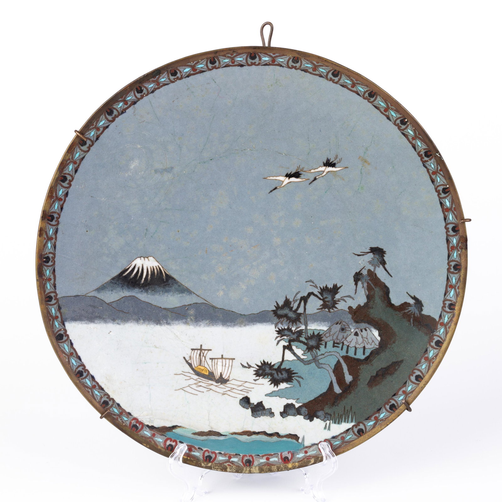 Japanese Cloisonne Bronze Meiji Charger Mount Fuji: DIMENSIONS APPROX 30x30x3.5CM. Please carefully study all photographs to get an accurate idea of the object. In good condition, as seen. Shipping is in-house and we ship internationally to US and rest