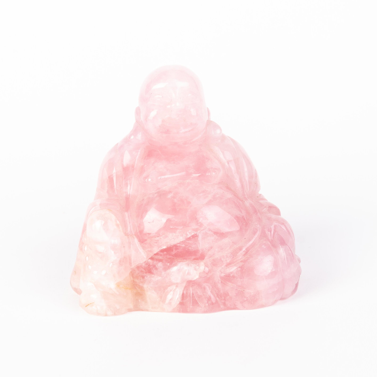 Chinese Carved Pink Quartz Buddha Sculpture: DIMENSIONS APPROX 11x7x10.5CM. Please carefully study all photographs to get an accurate idea of the object. In good condition, as seen. Shipping is in-house and we ship internationally to US and rest
